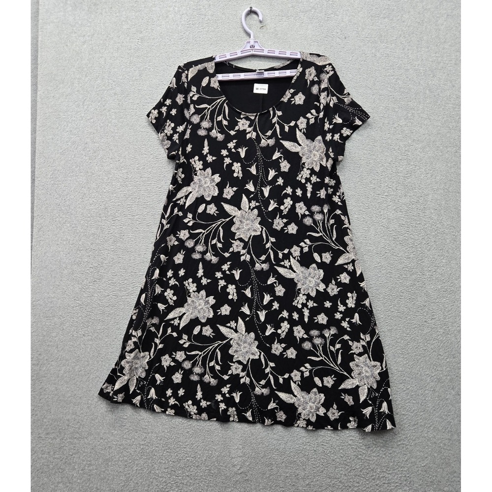 Old Navy Women Dress L Black Floral Knee Length A-Line Short Sleeve Casual